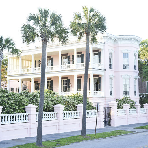 Pink Single house and Palm trees on the Battery, Charleston. 